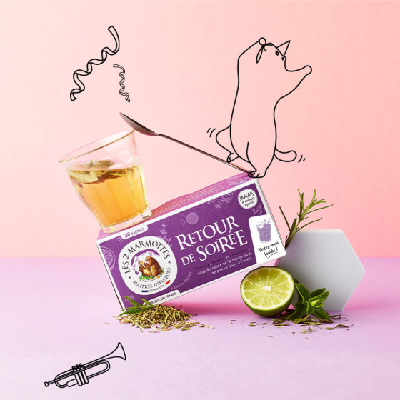 Tisane Retour de Soirée romarin menthe citron Les 2 Marmottes - Made in France - Sans arômes ajoutés Tisane Retour de Soirée romarin menthe citron Les 2 Marmottes - Made in France - Sans arômes ajoutés