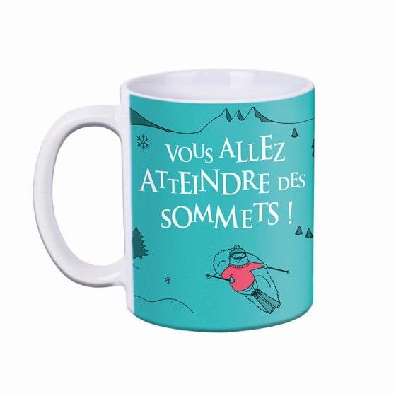 Mug bleu-vert Tout Schuss citation vous allez atteindre des sommets avec une marmotte au drapeau de savoie