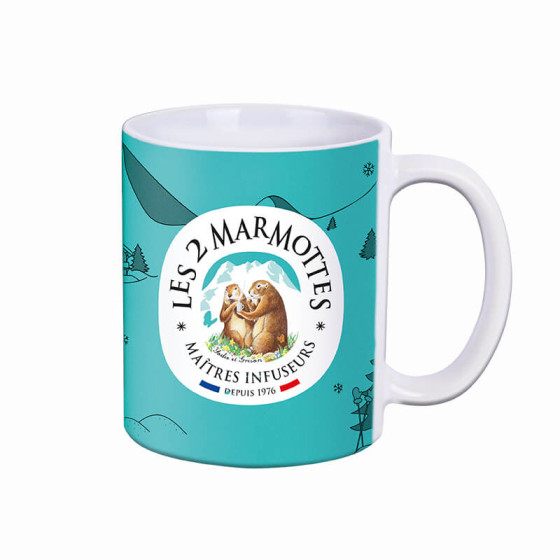 Mug bleu-vert Tout Schuss décor montagne,  logo les 2 marmottes