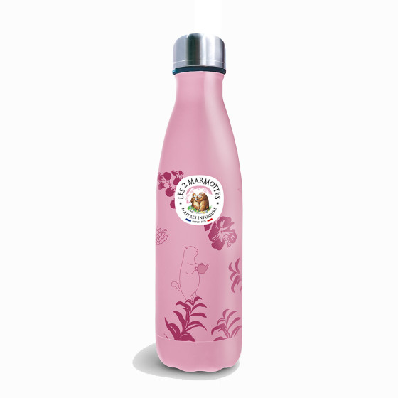 Gourde isotherme rose décor de marmottes, contenance 500mL ou 50cL, garde chaud et froid