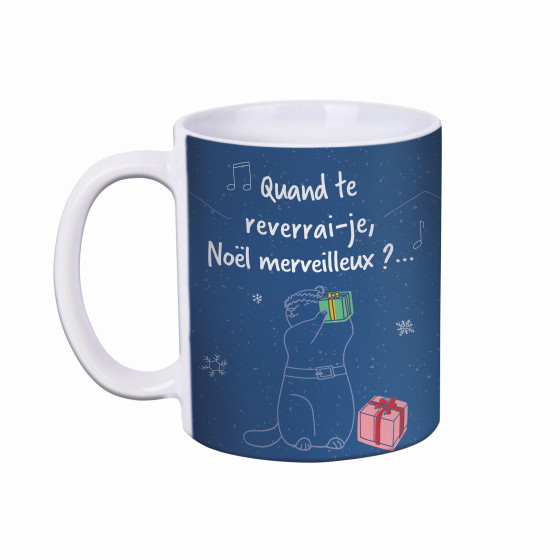 Le coffret cadeau de noel contient une tasse bleue avec citation "quand te reverrai je noel merveilleux"