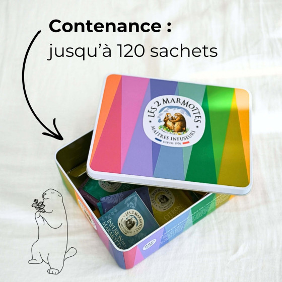 La boîte métal (vendue vide) peut contenir jusqu'à 120 sachets La boîte métal (vendue vide) peut contenir jusqu'à 120 sachets