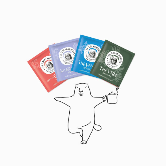 Assortiment 4 boîtes les 2 marmottes : tisane coup de boost pour le matin, relax et moi pour le soir, 1 thé noir et 1 thé vert Assortiment 4 boîtes les 2 marmottes : tisane coup de boost pour le matin, relax et moi pour le soir, 1 thé noir et 1 thé vert