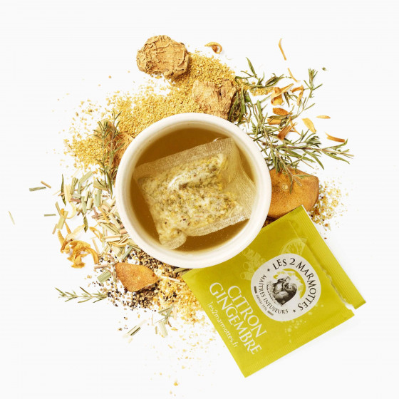 Tasse de tisane citron gingembre avec sachet jaune les 2 marmottes