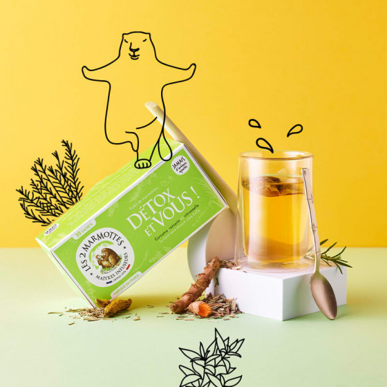 Tisane Detox curcuma et romarin Les 2 Marmottes - Made In France - Sans arômes ajoutés