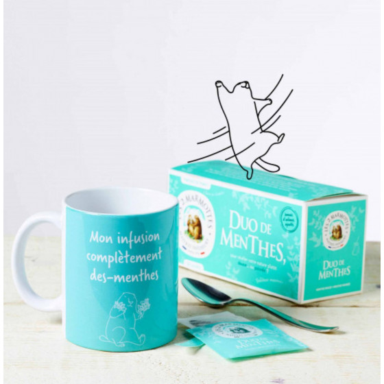 Lot d'un mug vert d'eau les 2 marmottes et d'une tisane aux 2 menthes Duo de Menthes