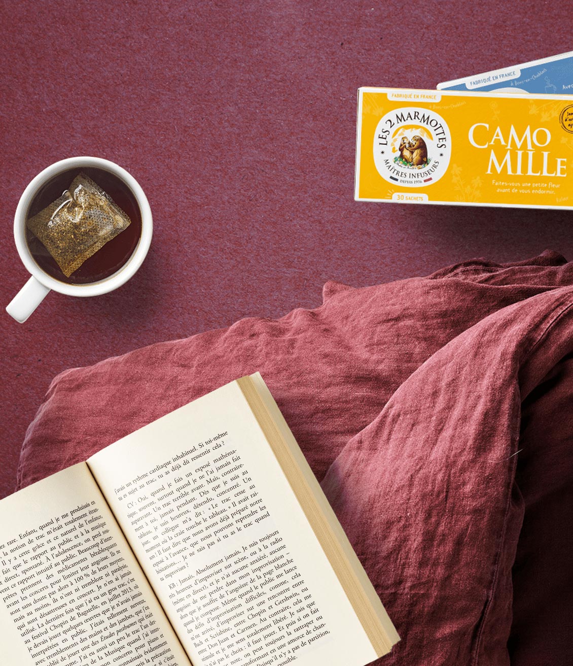Livre ouvert et tisane camomille qui infuse