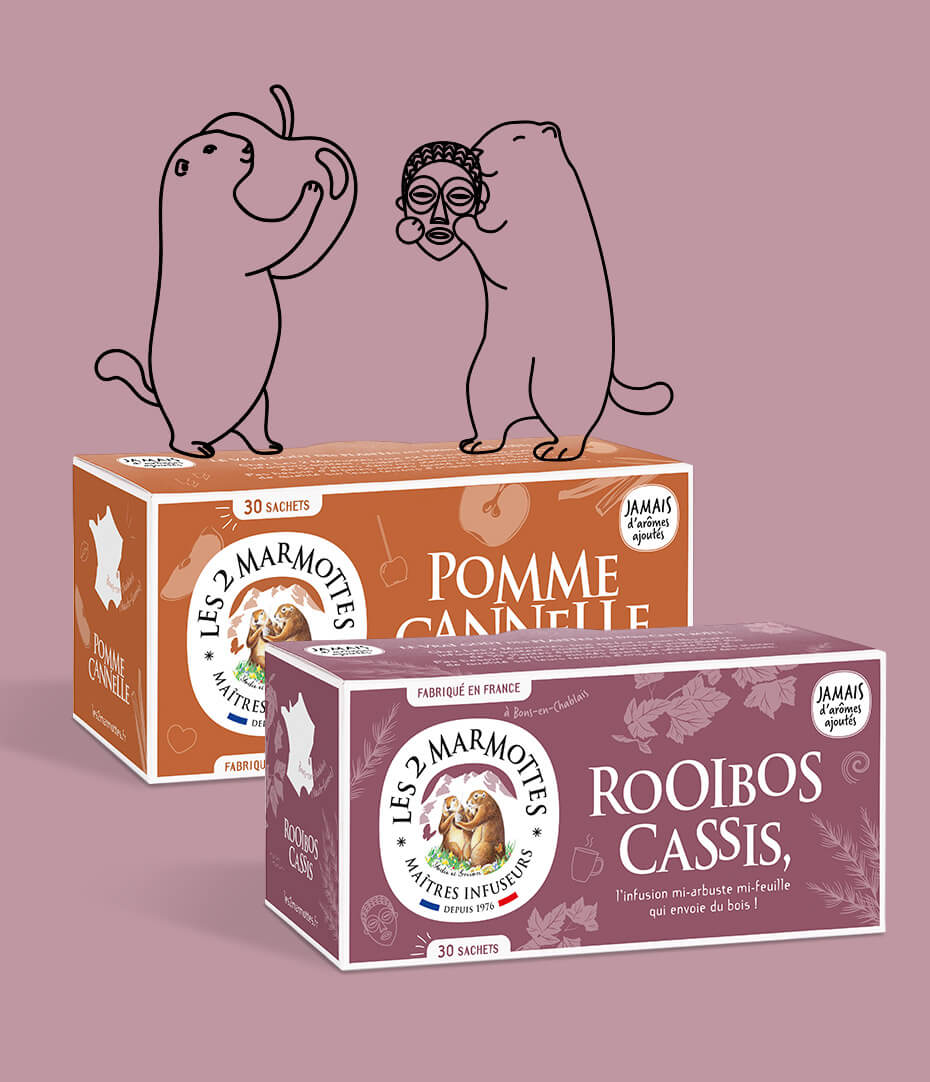 Infusion Rooibos Cassis et Infusion Pomme Cannelle sans théine Les 2 Marmottes