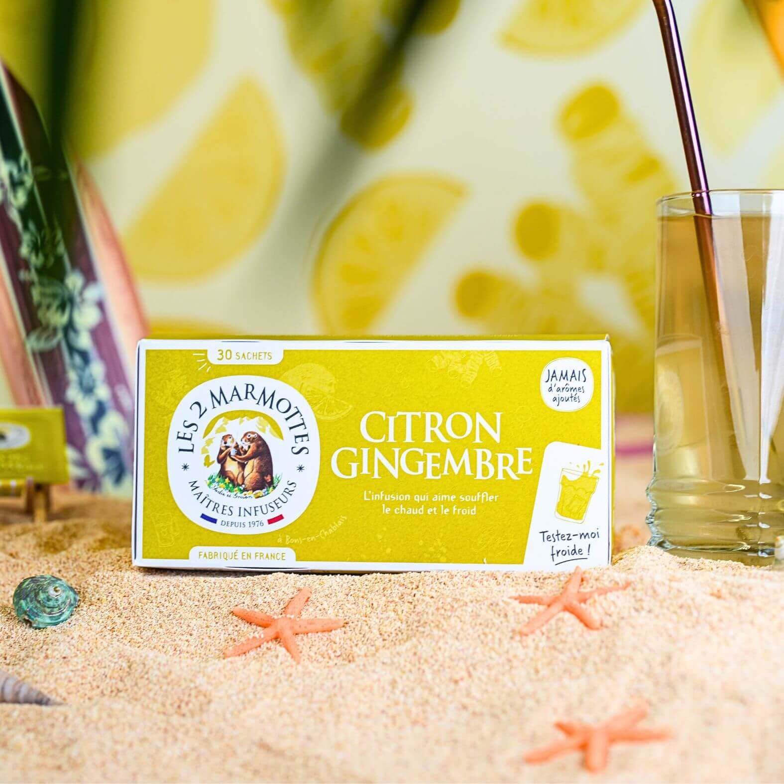 Buvez une tisane au citron et au gingembre au vrai goût de plantes, sans arômes ajoutés
